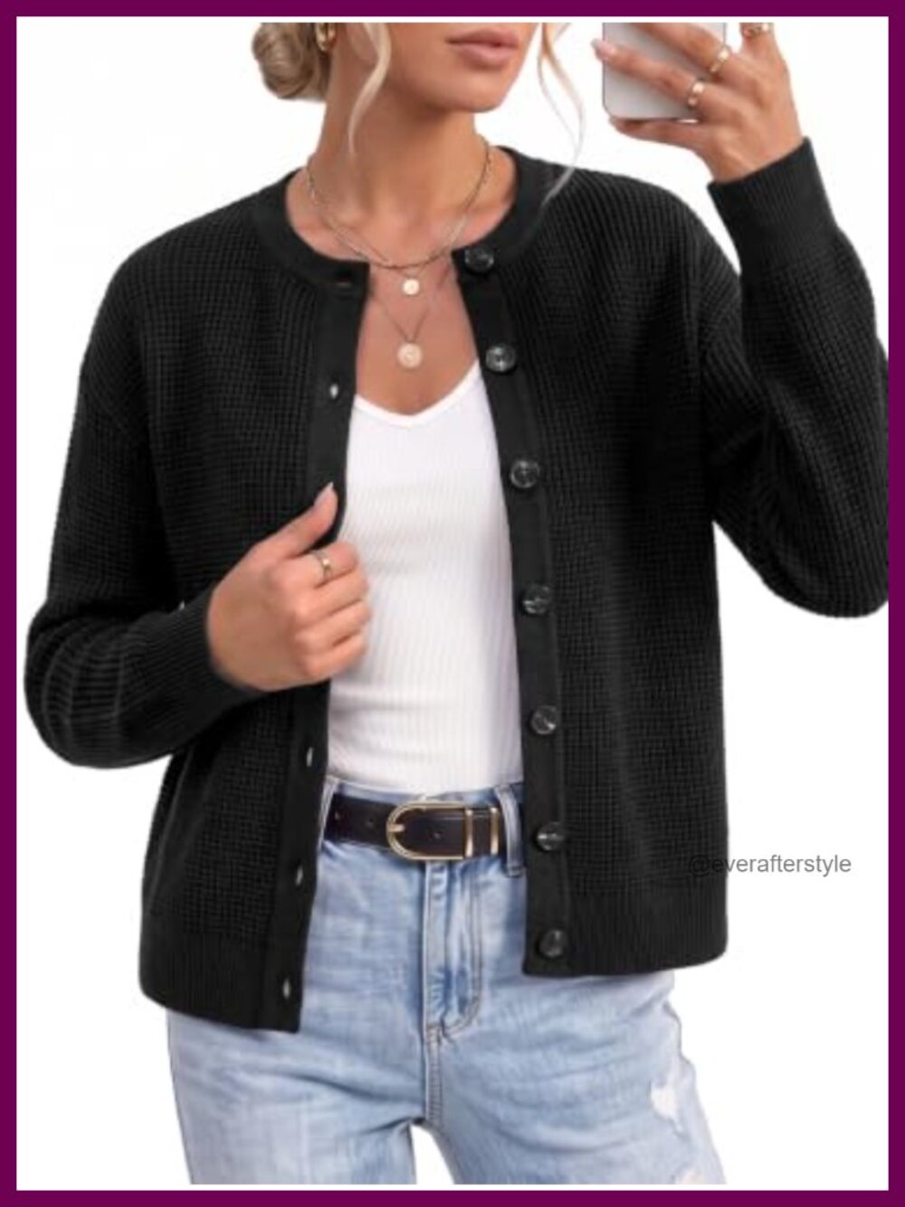 Womens Chunky Knit Button Up Cardigan Long Sleeve Crew Neck